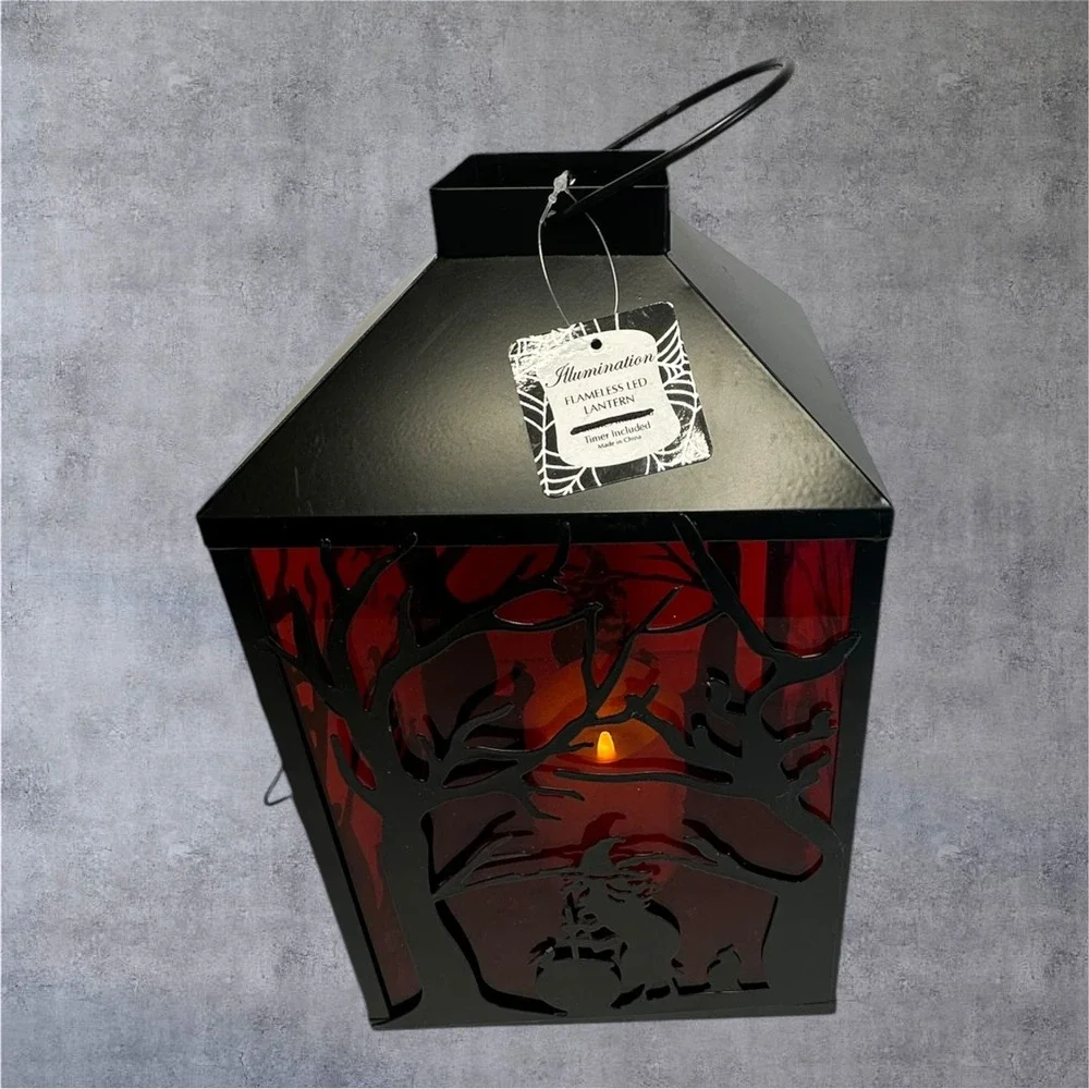 Illumination Halloween Witch Lantern LED Flameless Candle Black Red 13in Spooky